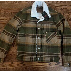 New! Levis Premium Type 3 Sherpa Trucker Jacket Plaid Mens Size XS Brown Plaid